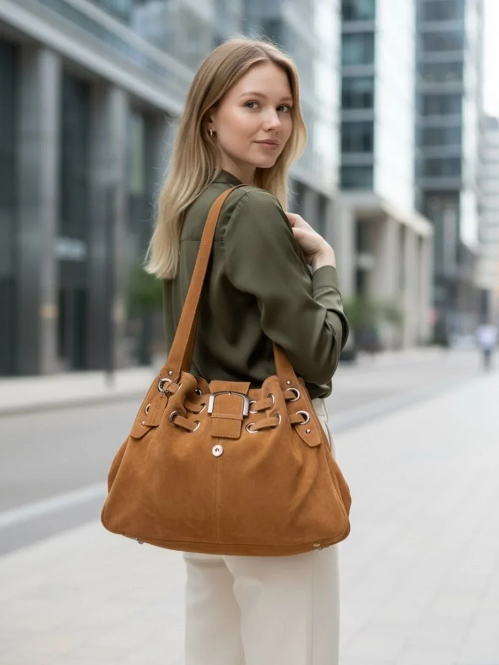 NWOT Vintage a.n.a. (A New Approach) Tan/Beige Slouchy Grommet Shoulder Bag
